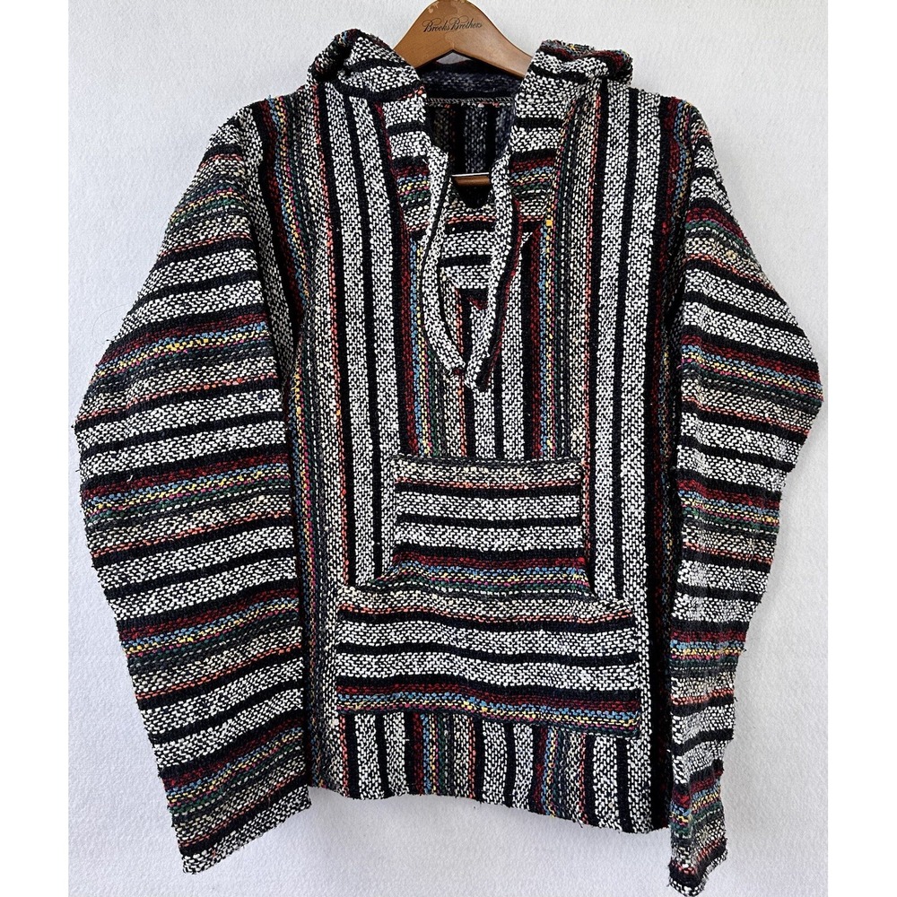 Baja Hippie Hoodie Black Striped BOHO Grunge 90s Beach Mexico Men's M